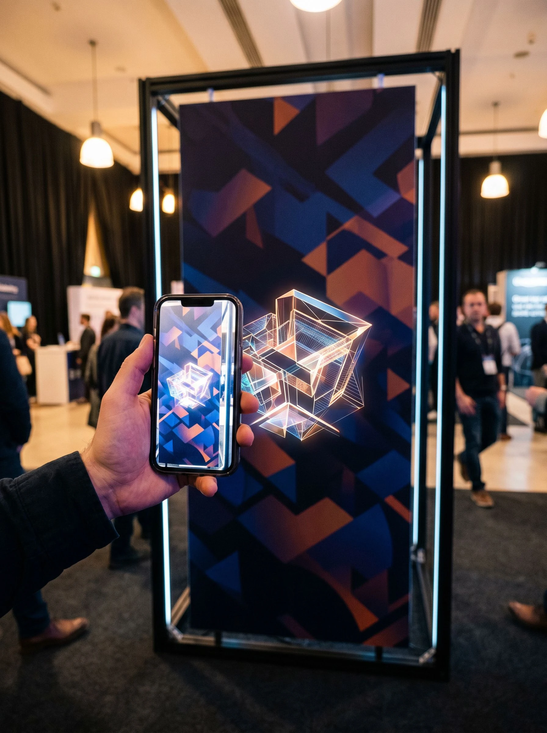 Wide shot of an event stand with a phone showing an AR layer activating from printed material