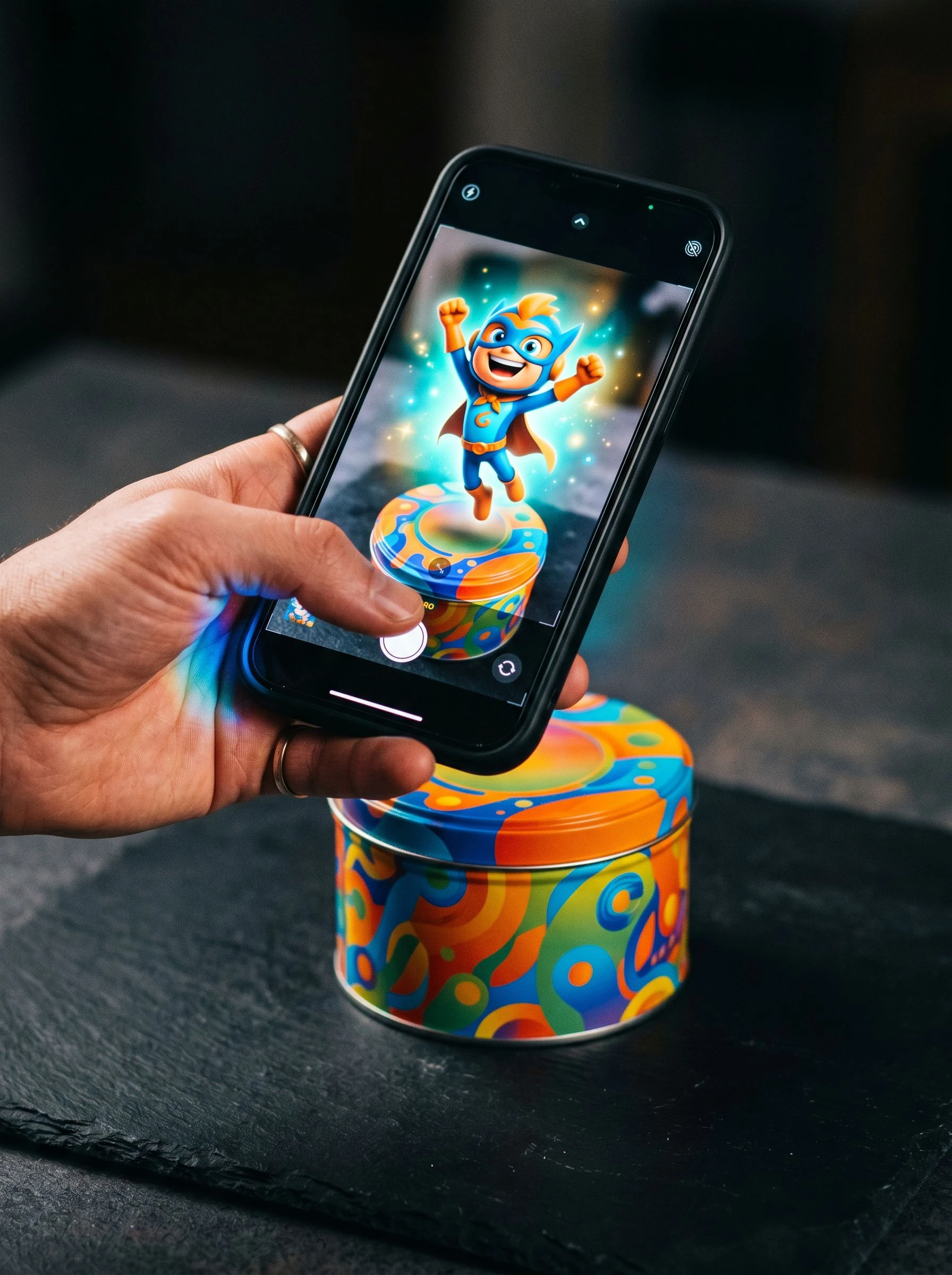 Hand aimed at a consumer tin with a 3D animated mascot appearing above the packaging