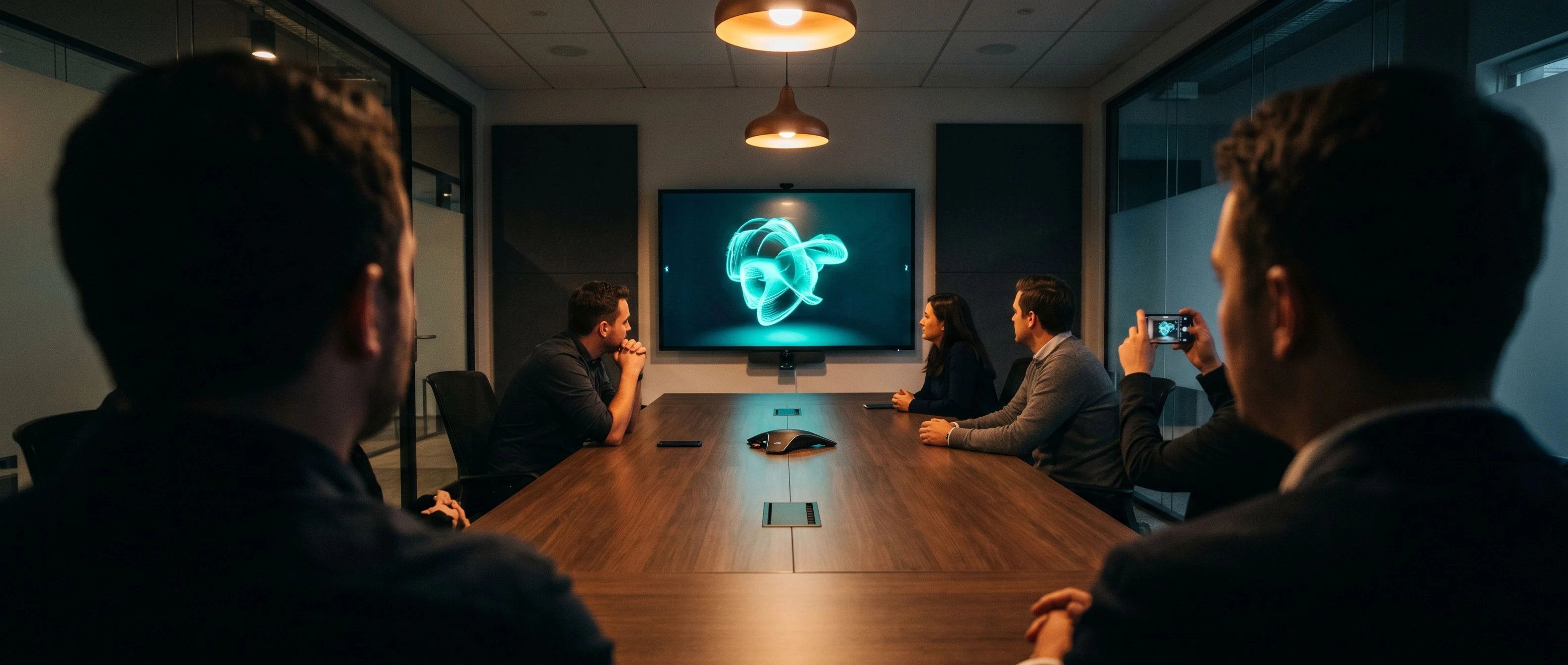 Client meeting room from behind the agency team as a large screen shows an AR experience activating