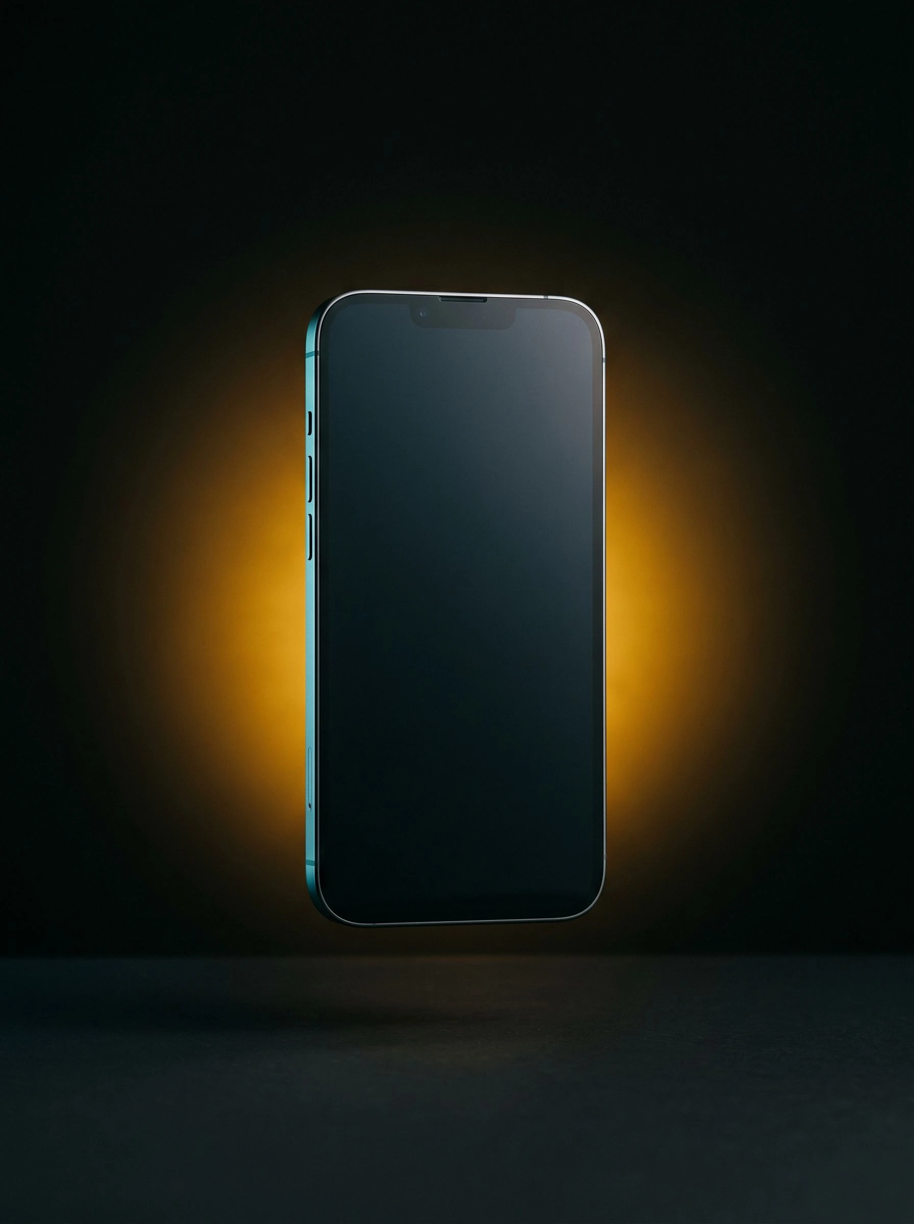 Smartphone frame floating against a near-black background with an amber glow halo