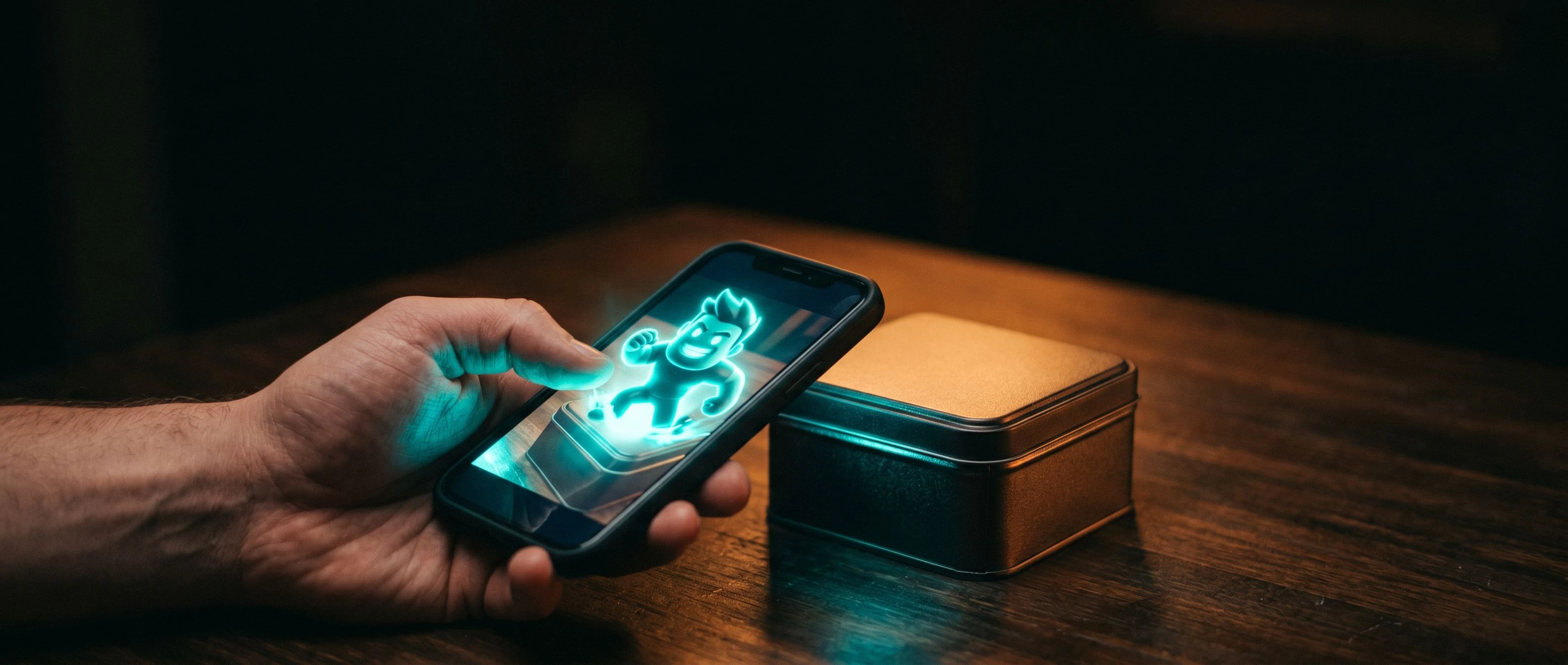 Hand holding a smartphone aimed at product packaging with a 3D animated character erupting from the surface