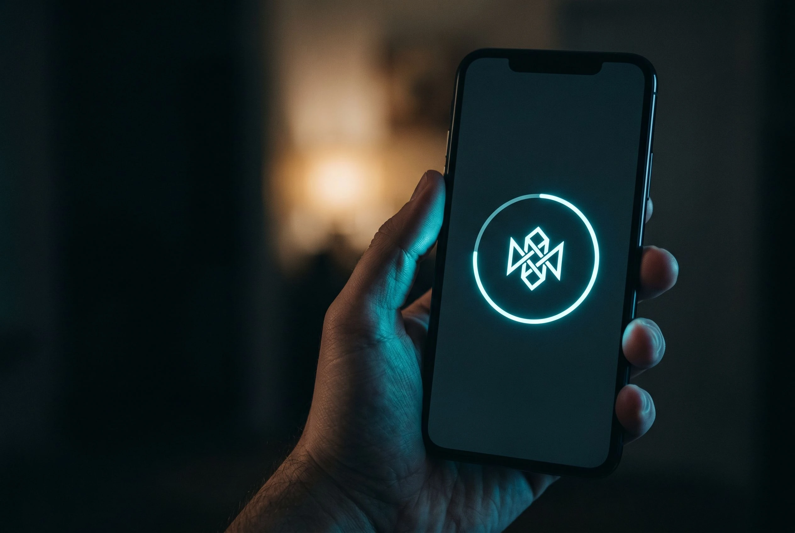 Phone screen showing a branded AR splash screen with a client logo on the loading frame