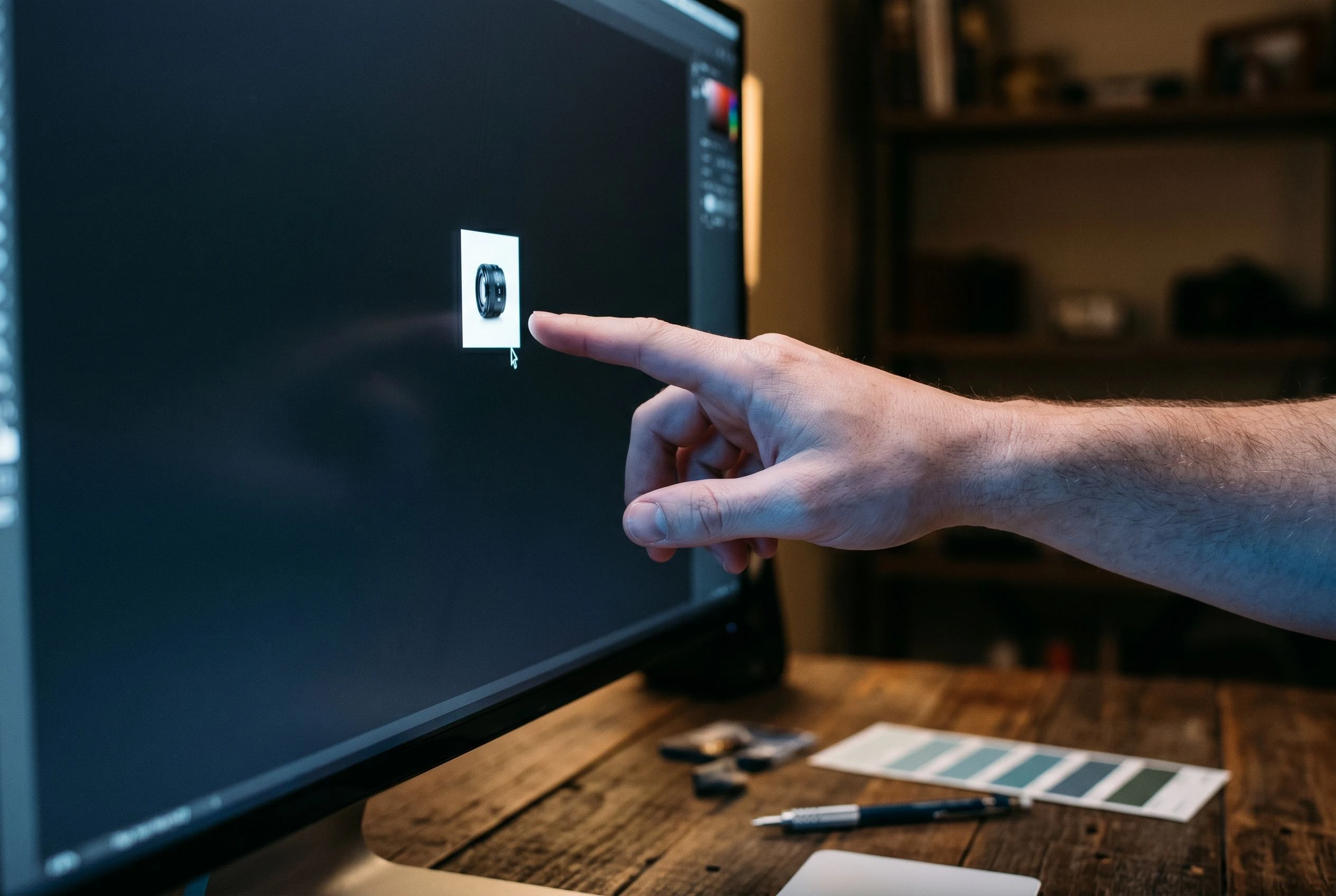 Hand dragging a product image file onto a monitor's visible canvas area