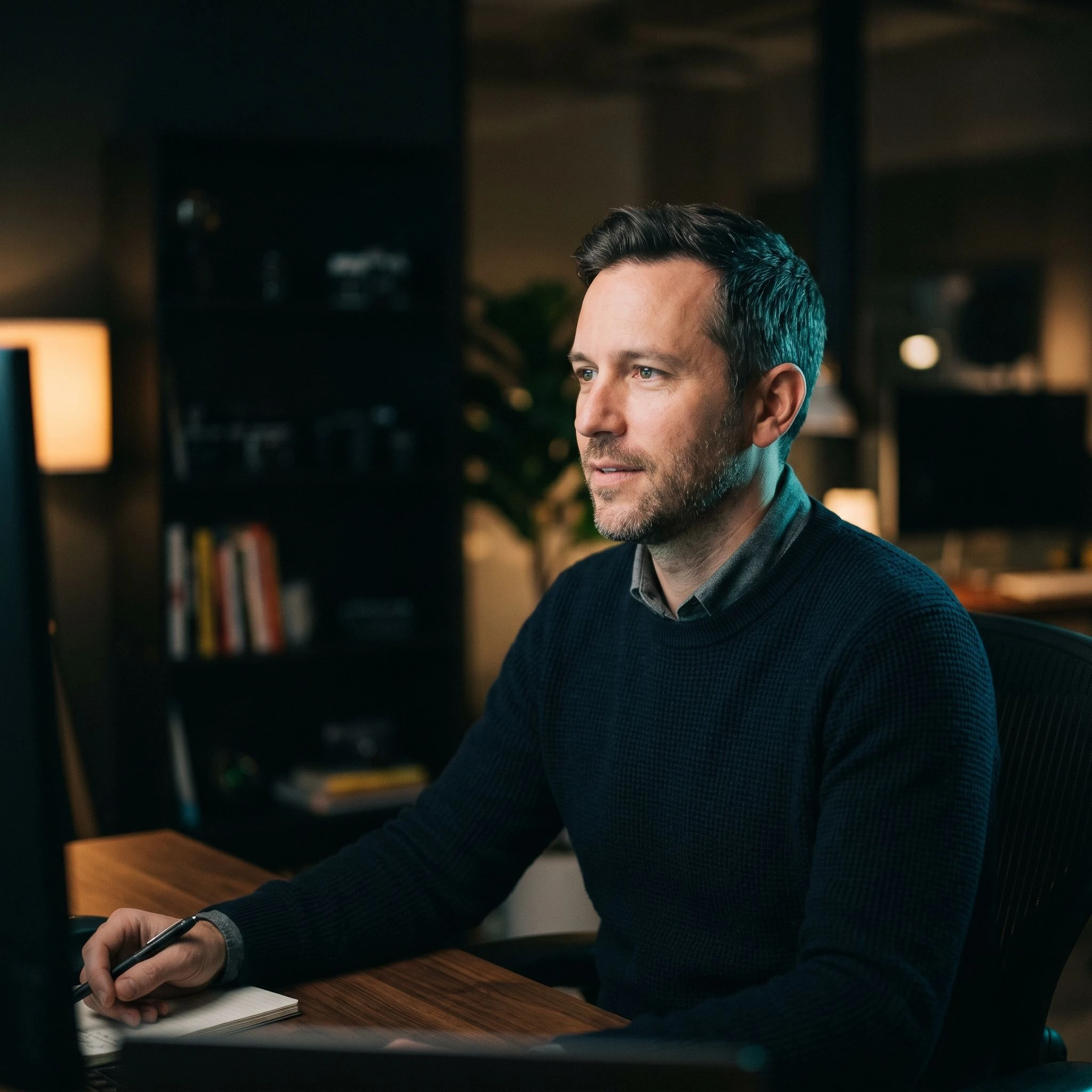Editorial half-frame portrait of a mid-career professional at a desk